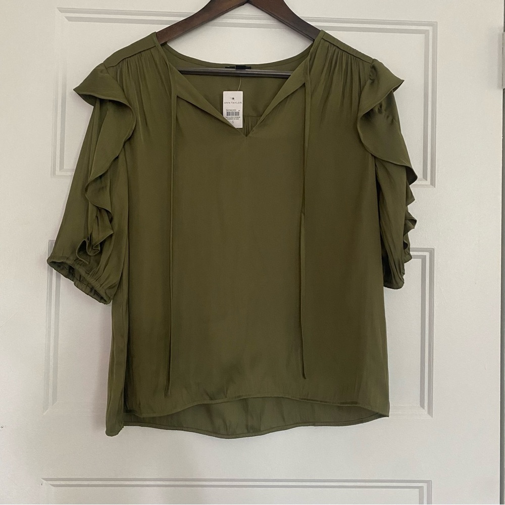 Olive Ruffle Sleeve V-Neck Blouse - Women Tops